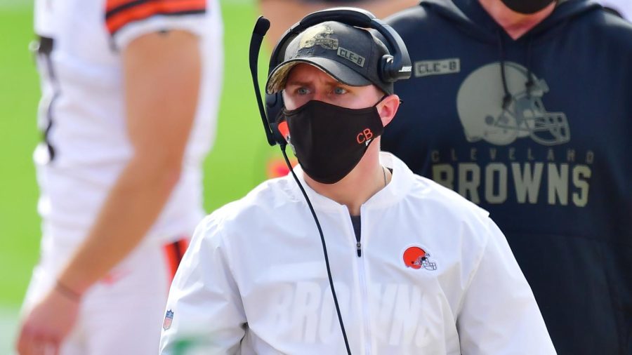 Tight ends coach Callie Brownson looks on during their game against the Jacksonville Jaguars at TIAA Bank Field on November 29, 2020 in Jacksonville, Florida.