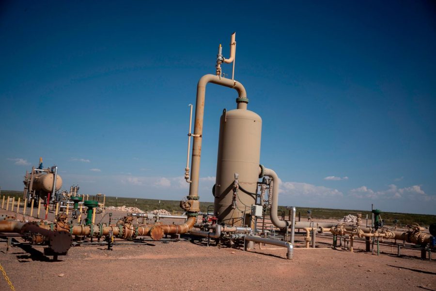 Equipment at a fracking well is pictured at Capitan Energy on May 7, 2020 in Culberson County, Texas. - For oil and gas producers in the world's largest oil field, straddling the border between Texas and New Mexico, the losses due to the collapse of oil prices are colossal. (Photo by Paul Ratje / AFP) (Photo by PAUL RATJE/AFP via Getty Images)