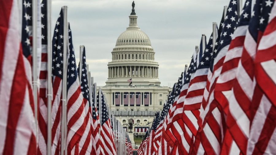 The Capitol building is surrounded by American flags on the National Mall on January 19, 2021 in Washington, DC. 