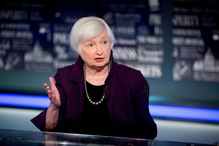 FILE - In this Aug. 14, 2019, file photo former Fed Chair Janet Yellen speaks with FOX Business Network guest anchor Jon Hilsenrath in the Fox Washington bureau in Washington. The Senate Finance Committee has approved President Joe Biden’s nomination of Janet Yellen to be the nation’s 78th Treasury secretary (AP Photo/Andrew Harnik, File)