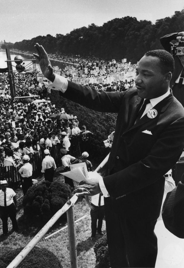 American civil rights leader Dr. Martin Luther King Jr. (1929-1968) delivers his 'I have a dream' speech to participants in the March on Washington, DC on August 28, 1963.