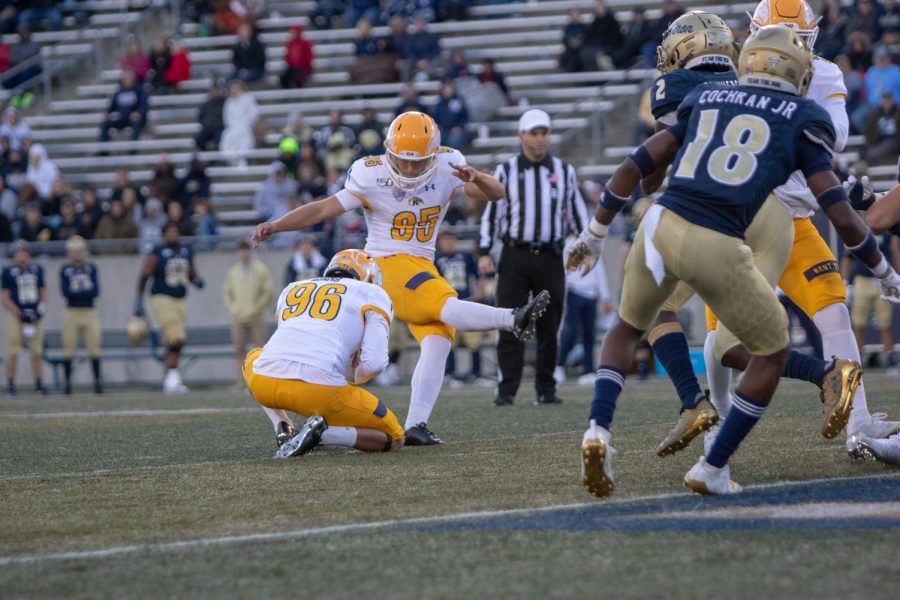 Matthew Trickett starts the scoring in the fourth quarter with a 45-yard field goal to extend Kent State’s lead to 23-3.