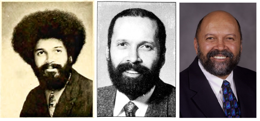 Left: Moore's senior photo in the 1973 Chestnut Burr yearbook. Middle: A headshot of Moore used in a 1994 edition of the Daily Kent Stater. At that point, he was 43 years old and the acting chairman of the Department of Pan-African Studies. Right: Moore’s most recent Kent State headshot. 