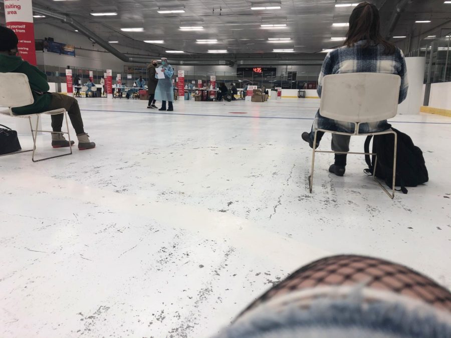 Student six feel apart in the KSU Ice arena that doubles as a COVID-19 testing site.