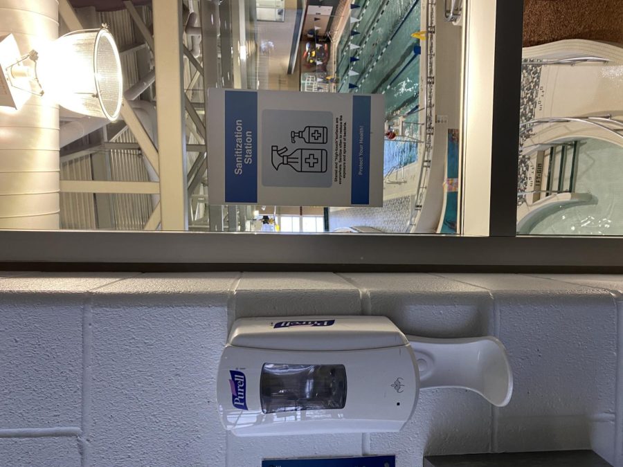 Hand sanitizing station at the Student Recreation and Wellness Center.