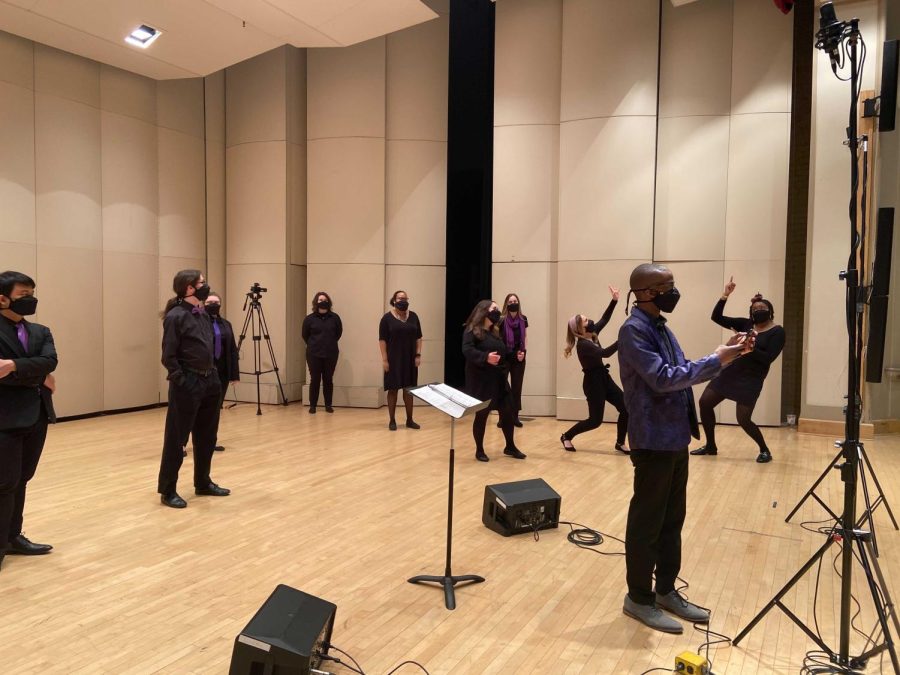 Members of Kent State’s Gospel Choir rehearse in Cartwright Hall before recording portions for the upcoming virtual concert. 