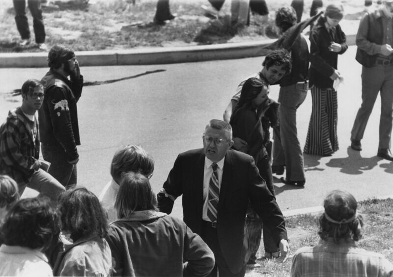 After the National Guard fired on May 4, Professor Glenn Frank used a bullhorn to tell the students, "I am begging you right now if you don’t disperse right now they’re going to move in, and it can only be a slaughter."