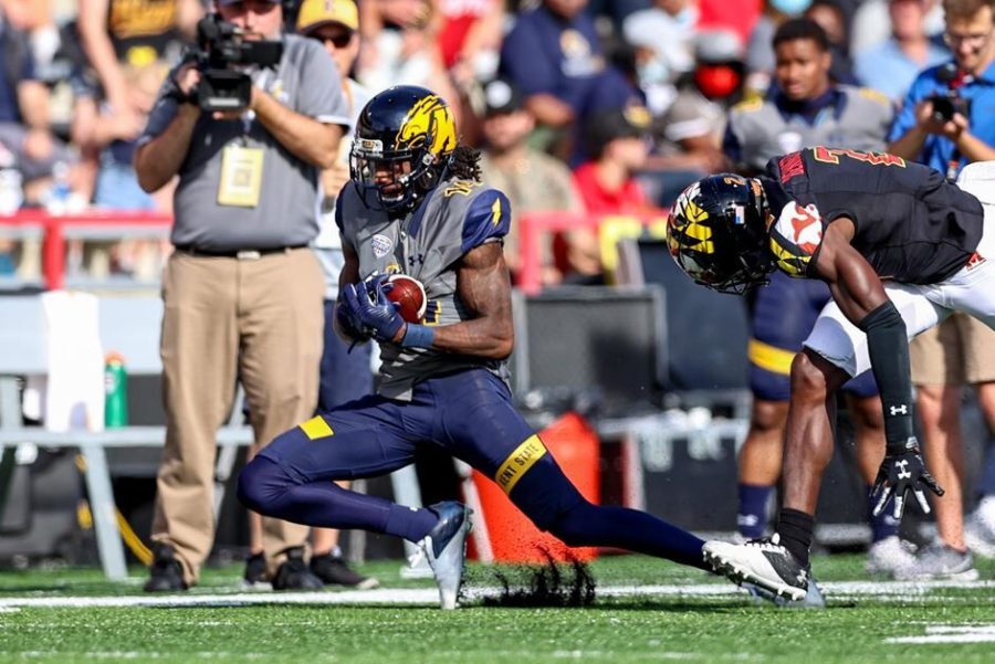 Dante Cephas makes a catch against Maryland in College Park on Saturday Sept. 25.