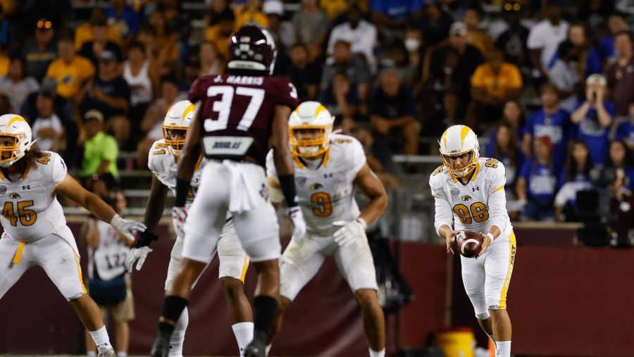 Freshman punter Josh Smith prepares to punt the ball against Texas A&amp;M at Kyle Field in College Station, Texas on Sept. 4, 2021. 