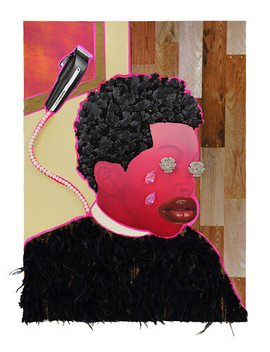 Devan Shimoyama's piece Elijah, 2020. Oil, color pencil, jewelry, glitter, enamel, feathers, and rhinestones on canvas stretched over panel. 40 x 30 inches.