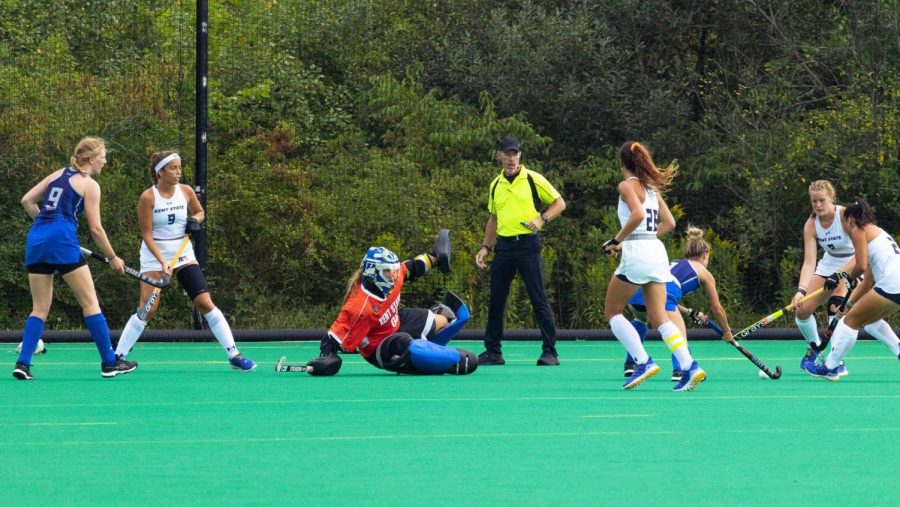 Kent State field hockey goalie Azure Fernsler makes a save. 