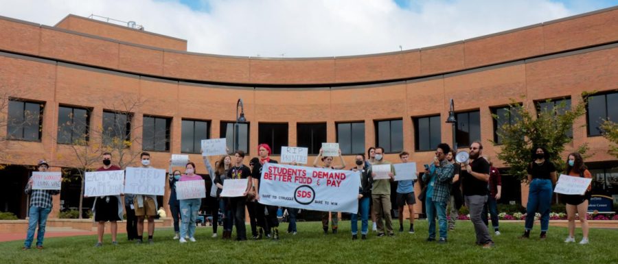 The Students for a Democratic Society marched from Taylor Hall to the K to protest the food service conditions for students dining and working on campus on Tuesday, October 5.