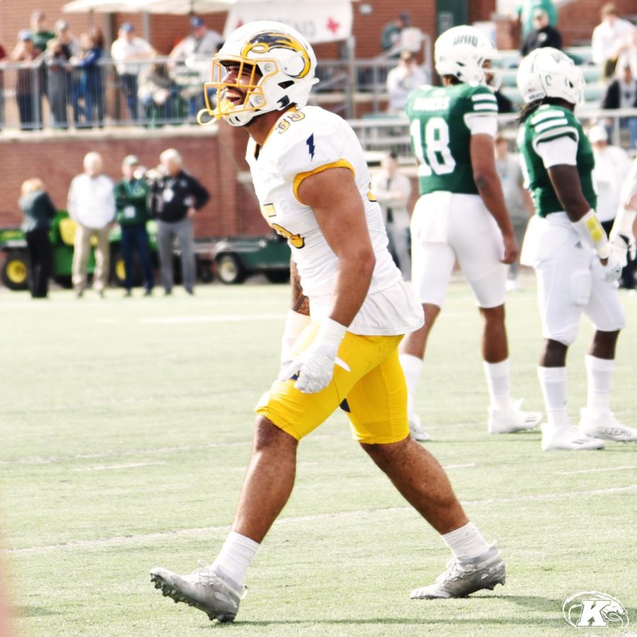 Redshirt sophomore linebacker Brandon Coleman celebrates during Kent State University's 34-27 win over Ohio University on Oct. 23 in Athens, Ohio. 