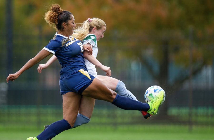 Senior defender Tianna Harris kicks the ball during the Kent State soccer team's 0-0 tie against Ohio University on Thursday Oct. 28. in Athens, Ohio. 