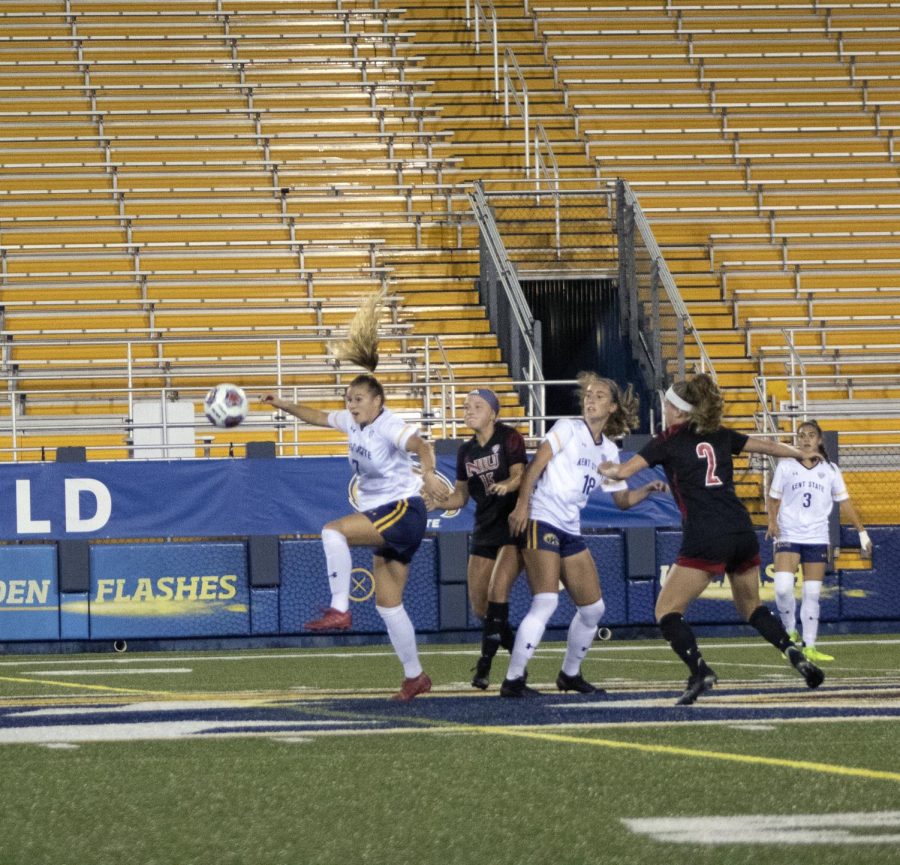 Freshman midfielder Siena Stambolich (7) kicks the ball over to a teammate at the game against Northern Illinois University. The two winning goals scored by Kent State were one before and one after halftime.