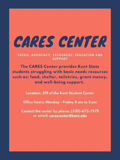 A flyer of what the CARES center acronym stands for and what resources the center has to offer. Location, hours of operation and ways to get in contact with them are included.  