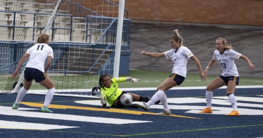 Redshirt senior Cameron Shedenhelm (22) scores a goal during the soccer game on Oct. 17, 2021. Shedenhelm's goal contributed to Kent State beating Ball State 3-0.