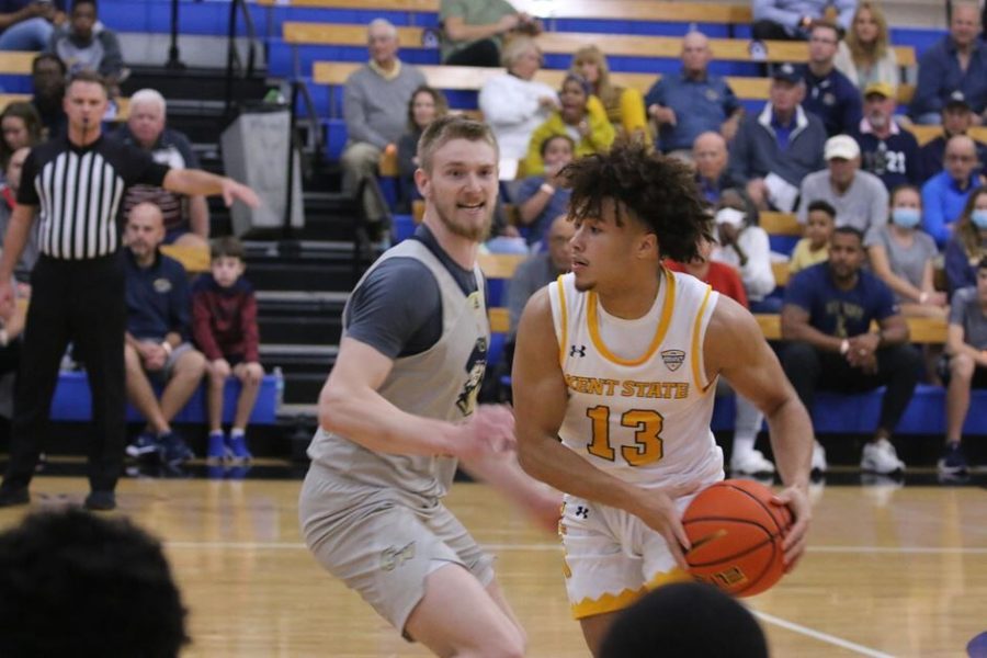 Freshman guard Jalen Sullinger moves the ball down the court in the Kent State men's basketball win over George Washington University in the Naples Invitational in Naples, Florida. 