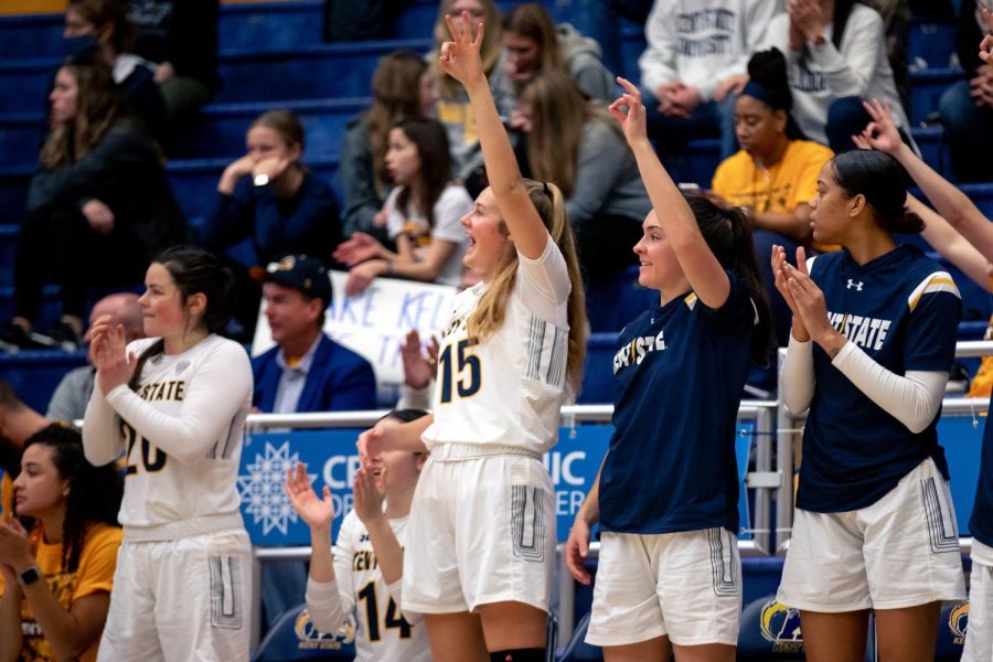 Members of the Kent State women's basketball team cheer for sophomore guard Casey Santoro during her triple-double against Clarion University on Saturday, Dec. 11 in Kent, Ohio. 