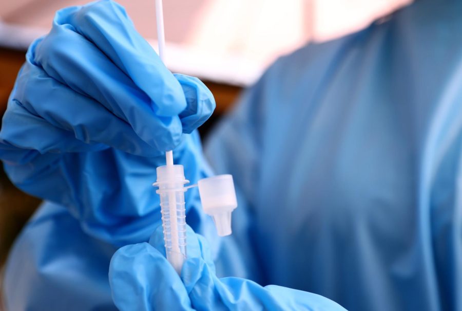 LOS ANGELES, CALIFORNIA - JULY 14: A registered nurse stirs a nasal swab in testing solution after administering a COVID-19 test at Sameday Testing on July 14, 2021 in Los Angeles, California. COVID-19 cases are on the rise in most states as the highly transmissible Delta variant has become the dominant strain in the United States. (Photo by Mario Tama/Getty Images)