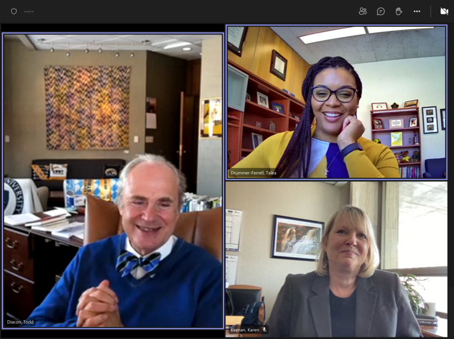 Kent State President Todd Diacon, Associate Vice President and Dean of Students Talea Drummer-Ferrell and Project Manager Karen Keenan ask for student input about the university's future plans at the Strategic Roadmap to a Distinctive Kent State virtual forum Tuesday.