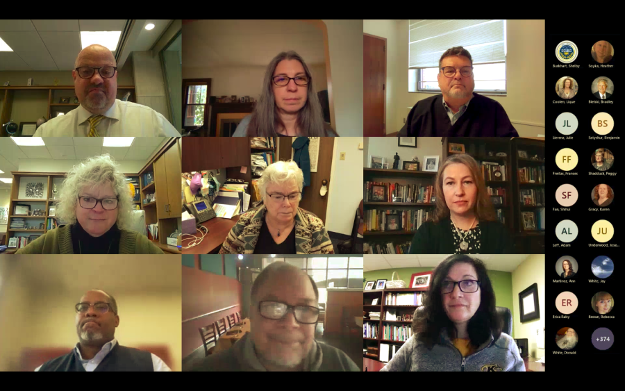 Panelists at the faculty COVID-19 town hall on Thursday, Jan. 13 2022. Panelists include (From left to right) Manfred van Dulmen, Deborah Smith, Chris Woolverton, Melody Tankersley, Pamela Grimm, Melissa Zullo, Kevin West, Tracy Laux and Tara Smith. 