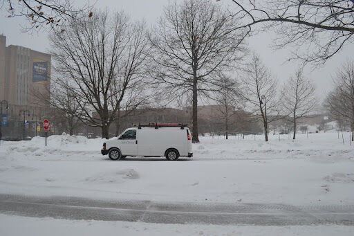 A university vehicle parks near the library during the campus closure on Thursday, Feb. 3, 2022. The university announced Thursday evening the closure would extend through Friday, Feb. 4, 2022 due to severe weather conditions. 