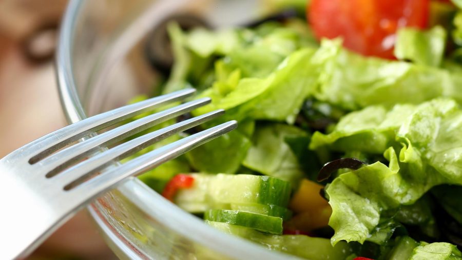 Silver fork in a mixed vegetable salad seasoned with olive oils. 