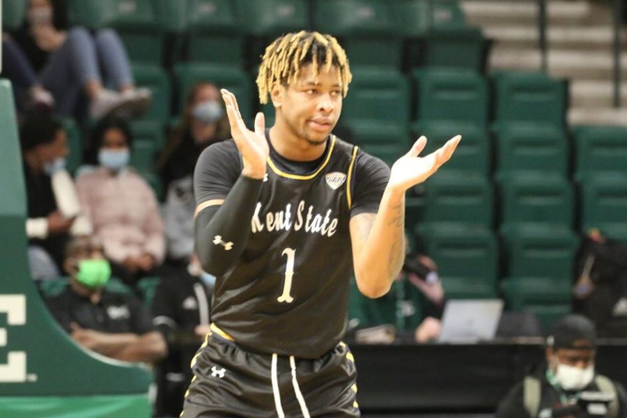 Redshirt freshman forward VonCameron Davis celebrates during the Kent State men's basketball team's victory of Eastern Michigan in Ypsilanti, Michigan on Tuesday, Jan. 18. 