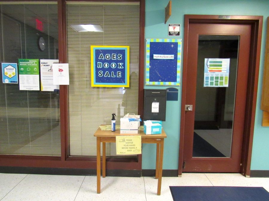 The table of free masks located on the first floor of Satterfield Hall, the English building.