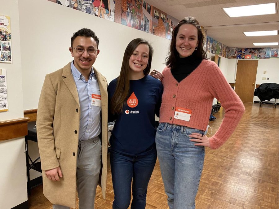 (From left to right) ARCC members senior chemistry major Ahmed Barghout, senior nursing major Lexie Jones and junior psychology major Hannah Johnson volunteering at the blood drive Feb. 2.