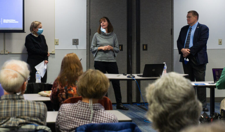 Terry Schwarz, director of the Cleveland Urban Design Coalition; Doug Pearson, Associate Vice President of Facilities Planning and Operations and Co-Chair of the Intergenerational Village (IGV) Committee; and Bridget Susel, Community Development Director and Co-Chair of the Committee. 