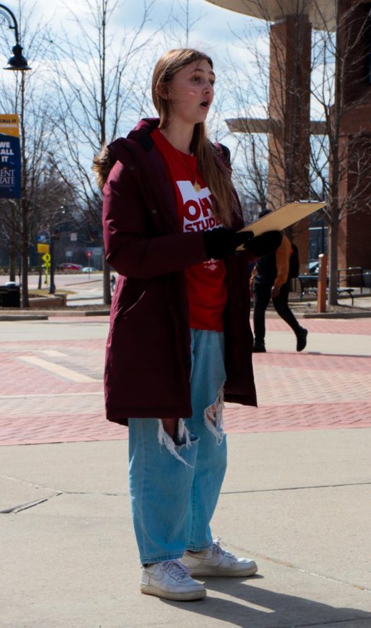 Jenna, a representative from the Ohio Student Association, gives a speech explaining why students should care about this issue at the protest against bill 327 on Wednesday, March 9. 