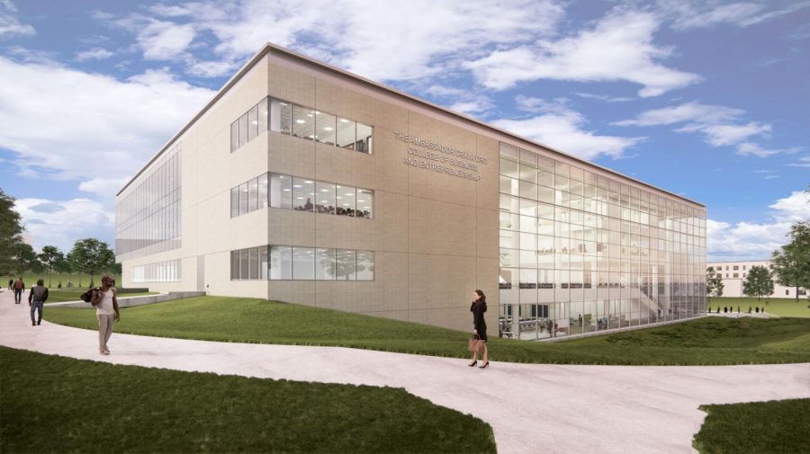 A rendering of Crawford Hall, what will be the new building for the Ambassador Crawford College of Business and Entrepreneurship, formerly known as the College of Business Administration. The Kent State Board of Trustees voted to approve the renaming of the college and construction of the new building at its meeting on Friday, Oct. 22, 2021. The new building will be located at the current site of Terrace Hall, located between East Main Street and Terrace Drive.