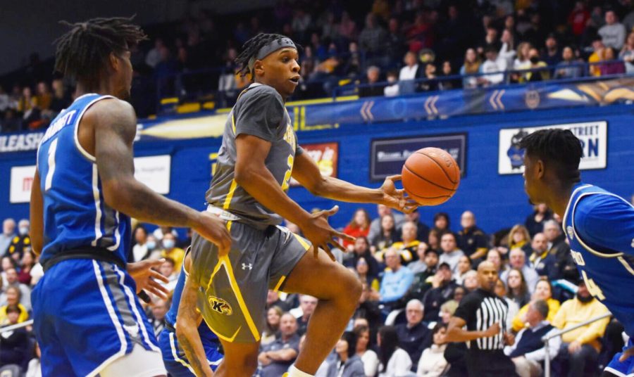 Kent State redshirt junior Malique Jacobs leaps into a layup during the game on March 3, 2022.