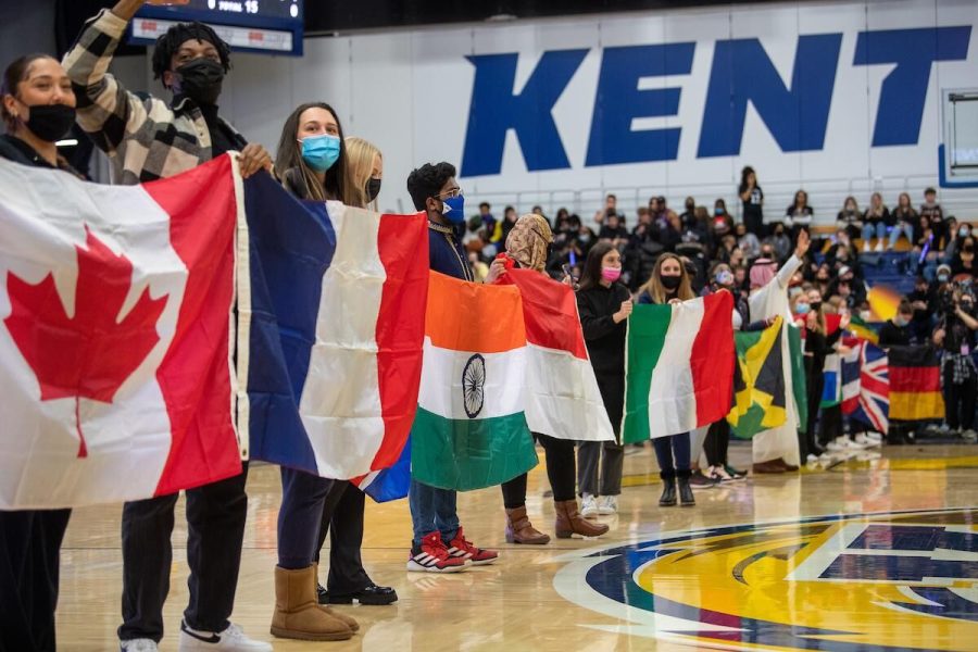 Kent State University celebrates its international students during halftime of the Feb. 18 men’s basketball game at the Memorial Athletic and Convocation Center.