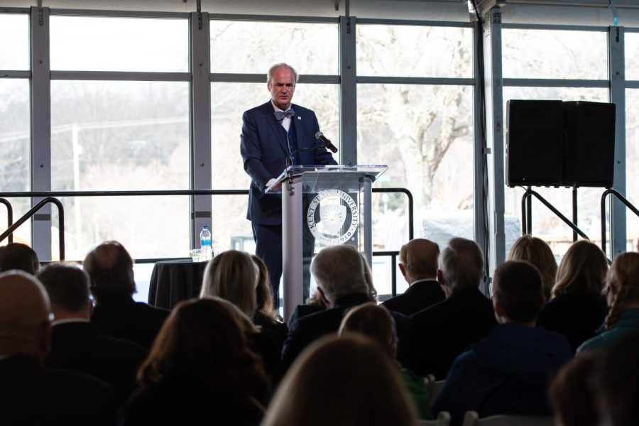 Kent State University President Todd Diacon speaks to the audience during the groundbreaking ceremony.