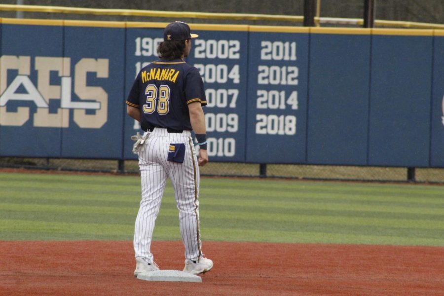 Golden Flashes Baseball play Central Michigan University's Chippewas on March 11, 2022. Sophomore Michael McNamara waits at the plate for the ball.