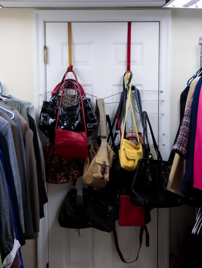 Purses at the career closet in the women's center at Kent State University.