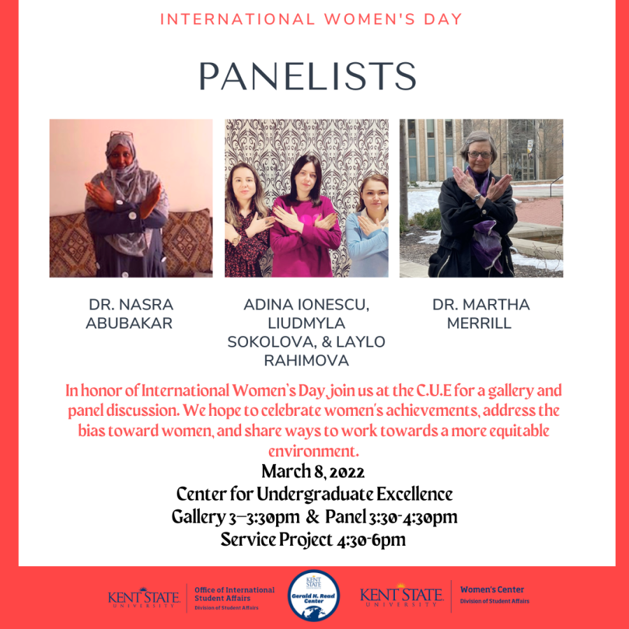 A flyer for the different speakers at the International Women's Day Panel.