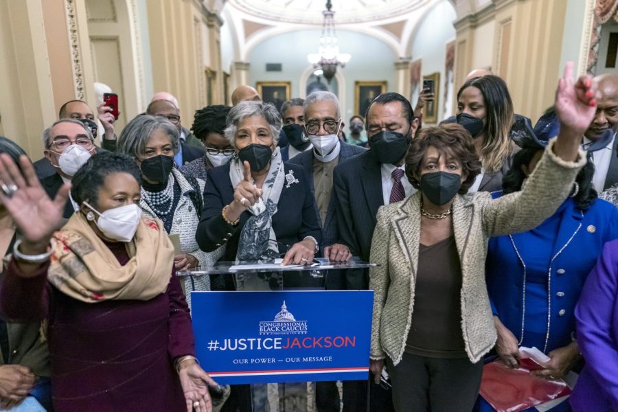 Members of the Congressional Black Caucus, with Rep. Sheila Jackson Lee, D-Tex., left, Rep. Joyce Beatty, D-Ohio, center, and Rep. Maxine Waters, D-Calif., right, speak to reporters outside the Senate chamber just after the vote to confirm Supreme Court nominee Ketanji Brown Jackson, securing her place as the first Black woman on the high court, at the Capitol in Washington, Thursday, April 7, 2022. (AP Photo/J. Scott Applewhite)