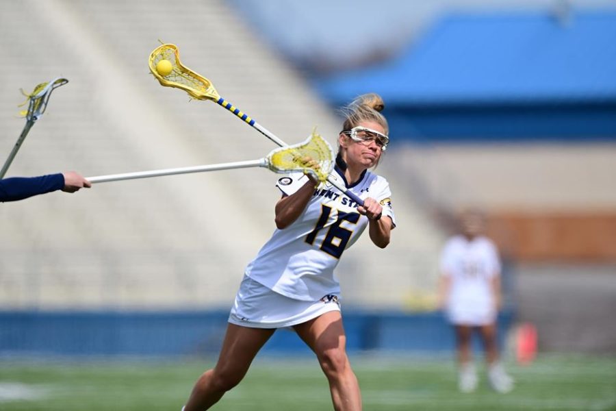 Senior attacker Megan Kozar prepares to shoot against Robert Morris on Saturday, April 16 in Kent, Ohio 