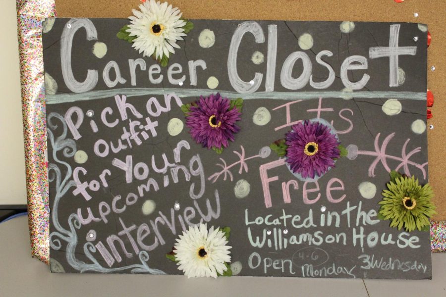 The Career Closet's welcoming sign sits on the bottom floor of the Women's Center in the Williamson House.