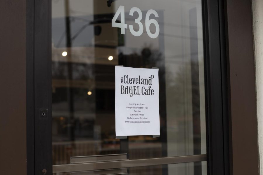 A sign for the Cleveland Bagel Cafe hangs on the door of the old Starbucks at the corner of South Lincoln Street and Main Street in Kent, Ohio. 