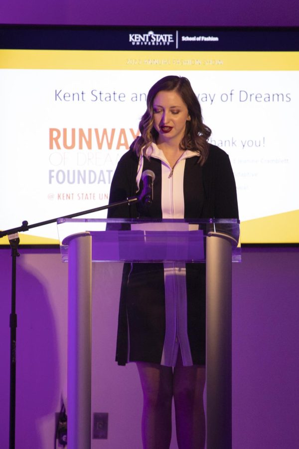 Senior Bri Cummings speaks about the Runway of Dreams Foundation before Kent State's annual fashion show on April 28, 2022.