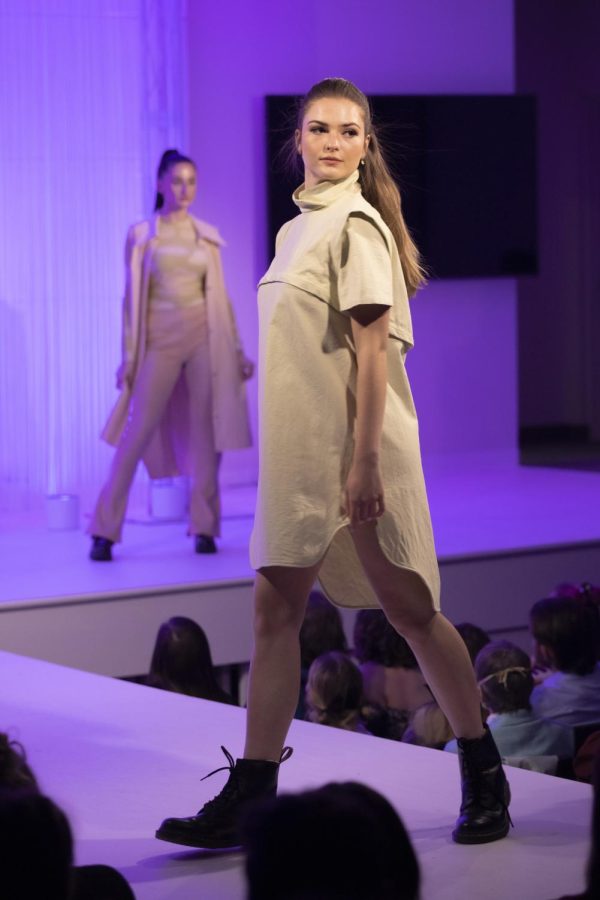 A Kent State student models for Lexi Malick's collection during the annual fashion show on April 28, 2022.