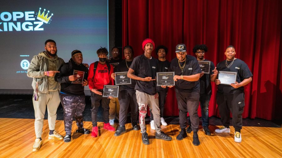 Left to Right: Ivan Conard, Omarion Royster, Jae’Von Johnson, Tristan Lawler, Isaiah Amos aka Zay, K’Vyayre Hill aka Choppa Smoov, Q aka Quentin Upshaw, Archie Green, Amari Mercury, Tahj Banks aka King Tahjy pose after the Cope Kingz Showcase