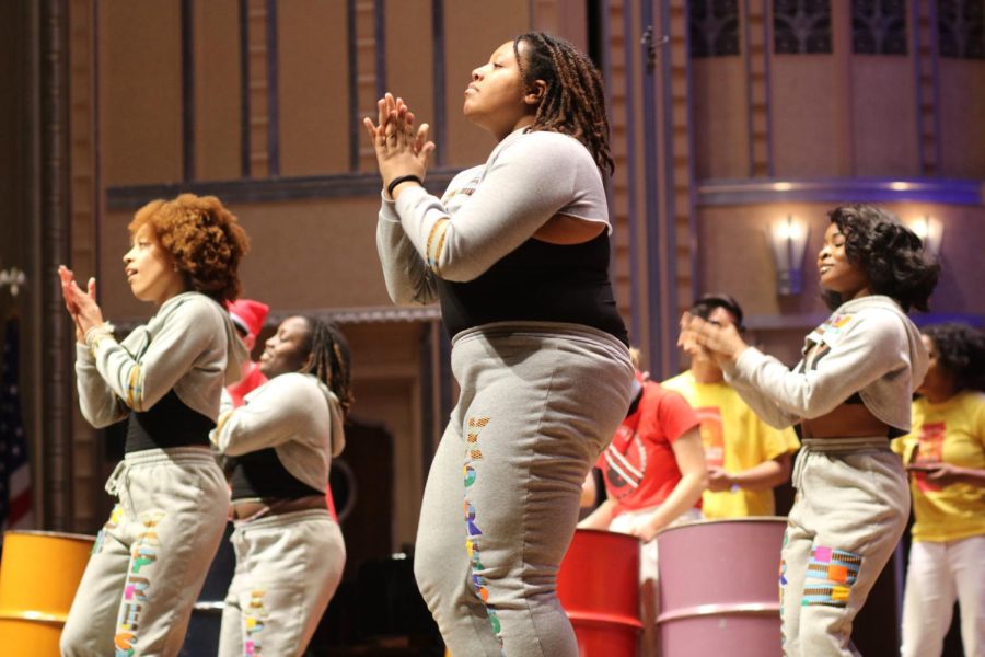 Members of Afrobeat dance group Asé Xpressions perform to a piece called “Fem” on Monday, May 2 at Severance Hall in Cleveland.