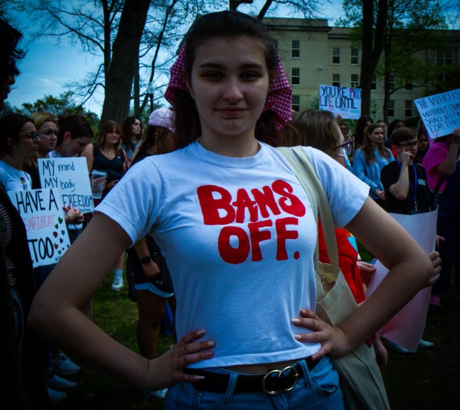 Sophia Sainato, a Kent State Student, wears a shirt that reads "Bans Off" at the protest for pro-choice rights on Thursday, May 5.