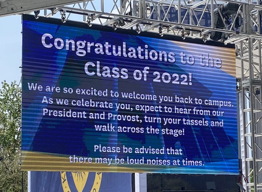 The banner for graduation on May 12 at 1 p.m. 